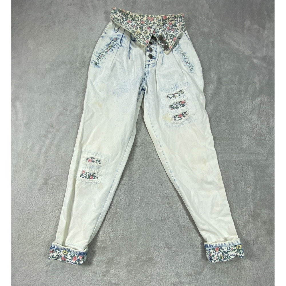 VTG Stefano World Wide Jeans Women 2 Acid Wash Blue Floral Distressed High Waist